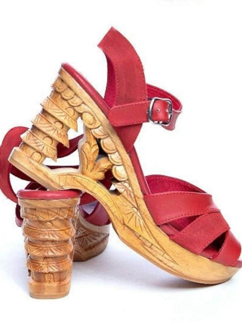 Lucky Lou Shoes Pagoda Red Leather & Carved Wood Platform Heels  7.5-8 NIB
